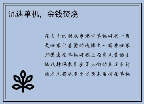 沉迷单机，金钱焚烧